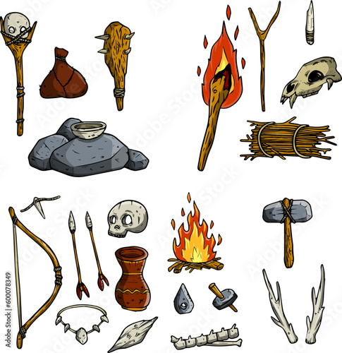 Set of items of primitive man and hunter.