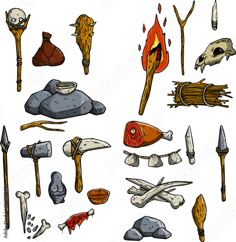 Set of items of primitive man and hunter
