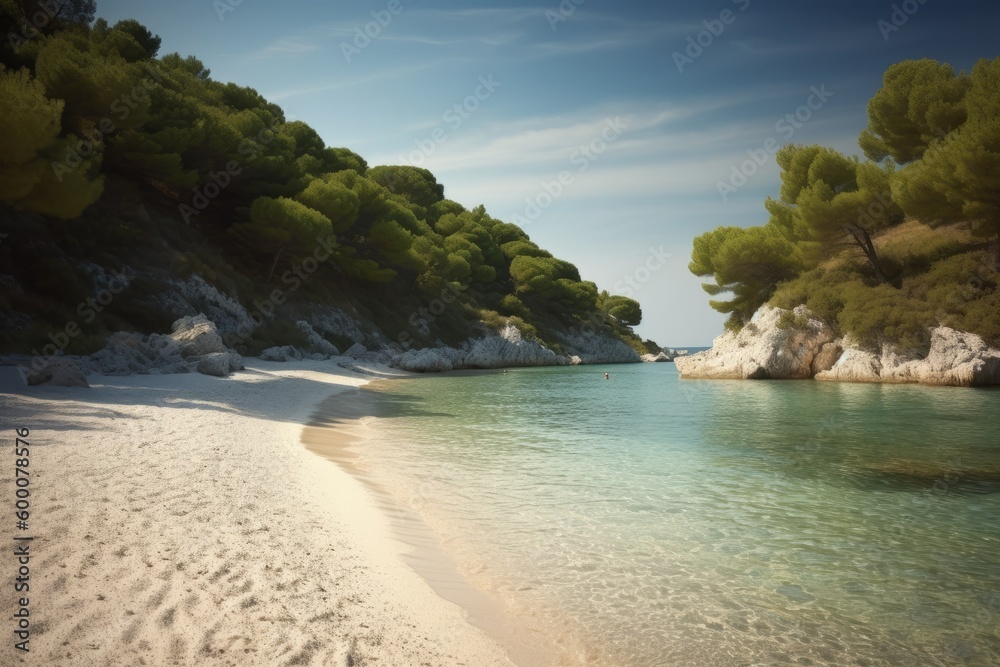 A serene shot of a secluded beach, with white sand and crystal clear waters. Bliss on Croatia's pristine beaches. Generative AI