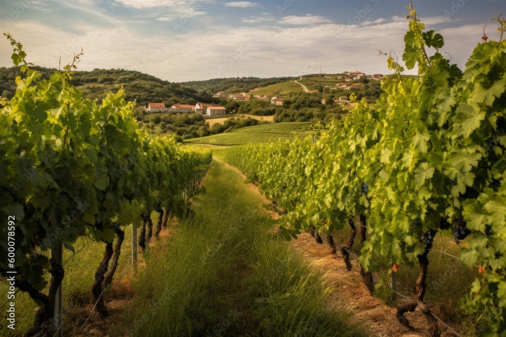 Naklejka premium A picturesque shot of a vineyard in the Croatian countryside, with rolling hills and a blue sky in the background. Generative AI