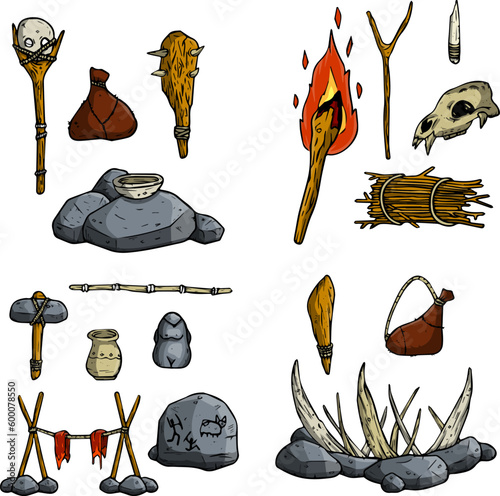 Set of items of primitive man and hunter. Weapons of caveman. Stone age hammer, axe and club. Lifestyle and tool. Cartoon illustration