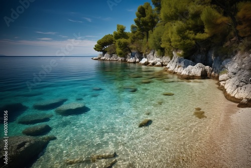 A serene shot of a secluded beach  with white sand and crystal clear waters. Bliss on Croatia s pristine beaches. Generative AI