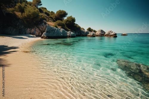 A serene shot of a secluded beach, with white sand and crystal clear waters. Bliss on Croatia's pristine beaches. Generative AI