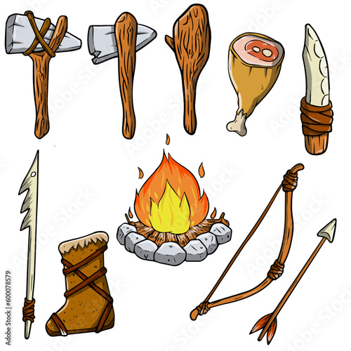 Set of items of primitive man and hunter