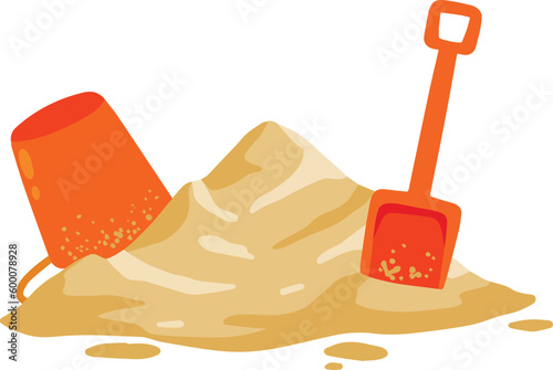 Orange bucket and scoop with pile of sand.