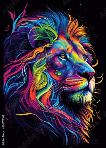 Colorful lion portrait on dark background by Generative AI