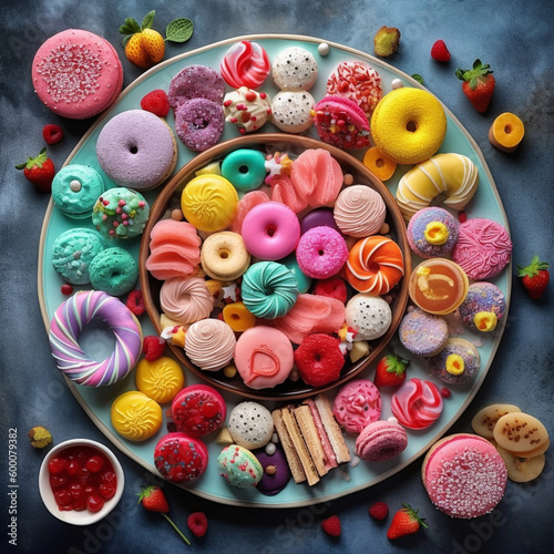 Top view of colorful sweet snack desserts on table, Wonderful Sweet Desserts. Ai generative