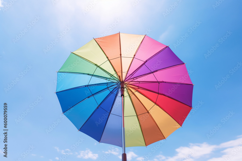 Colorful umbrellas hanging against blue sky and sunlight, low angle. Ai generative