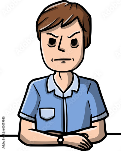 Angry man sit with crossed arms. Negative gesture and discontent. Bad emotions. grumpy guy and Unpleasant look. Hand-drawn sketch cartoon illustration.