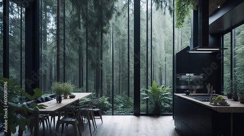 Hyper realistic a dark kitchen with warm ash tone wood