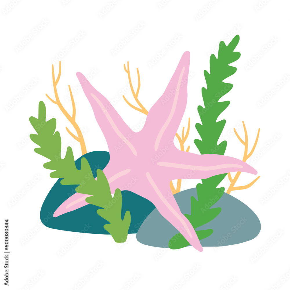 Obraz premium Starfish on seabed with rocks and algae.