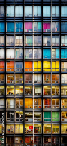 Multicolored building with lots of windows and bench in front of it. Generative AI.