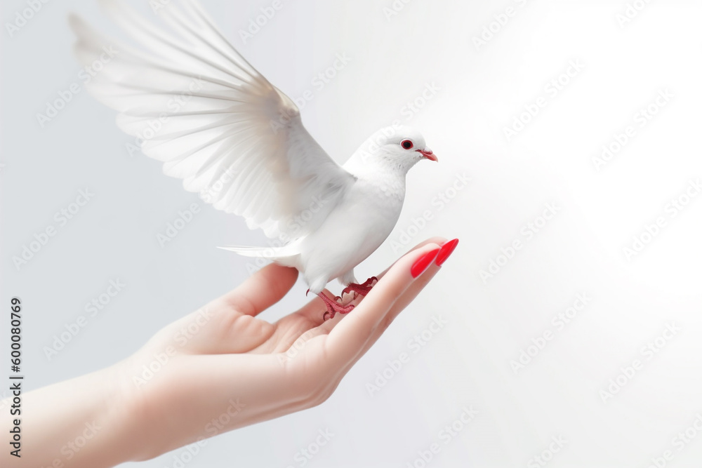White flying dove or pigeon in white background and woman hand. Symbol of love and peace. Generative AI