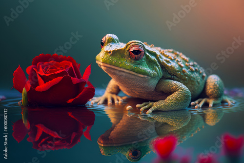 Green frog sitting on top of table next to red rose. Generative AI.