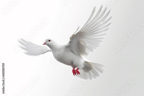 White flying dove or pigeon in white background. Symbol of love and peace. Generative AI