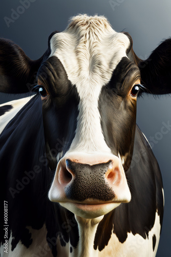 Close up of black and white cow's face with gray background. Generative AI.