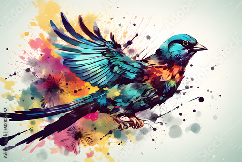 Image of colorful bird on white background with splatters. Generative AI.