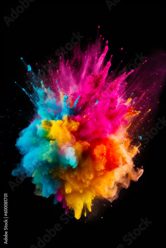 Multicolored explosion of powder on black background with black background. Generative AI.