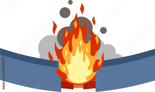 Damaged cable with red wire. short circuit. Cartoon flat illustration. Broken line. faulty electrical appliance. Safety rule. Orange flame and fire isolated on white