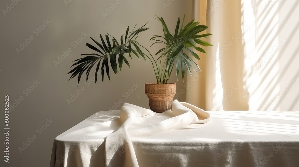 Delicate beige cotton tablecloth on counter table, tropical dracaena tree in daylight on white divider foundation. AI Generated Delicate beige cotton tablecloth on counter table, tropical dracaena tree in daylight on white divider foundation. AI Generated