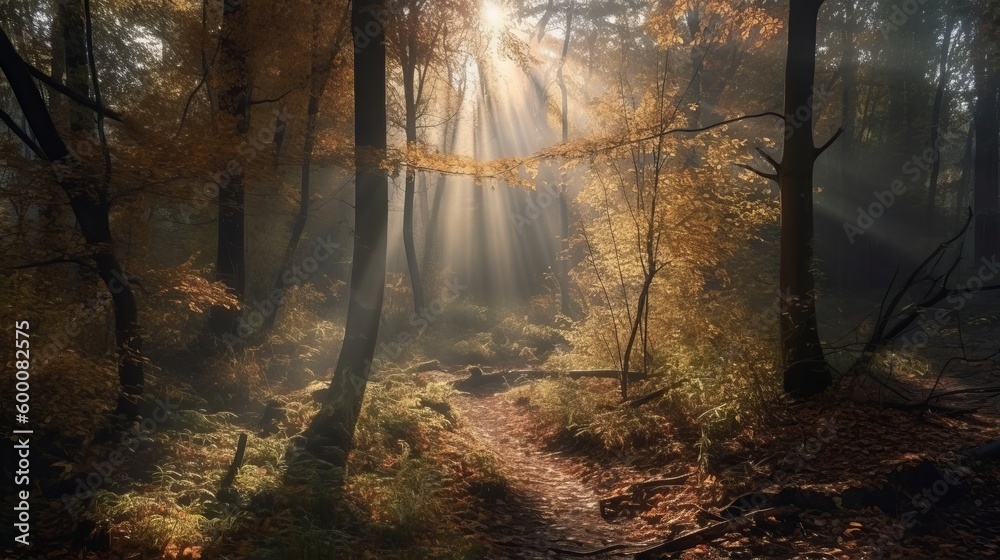 Naklejka premium Exquisite scene of an gather time forest with sunrays entering through the branches. AI Generated