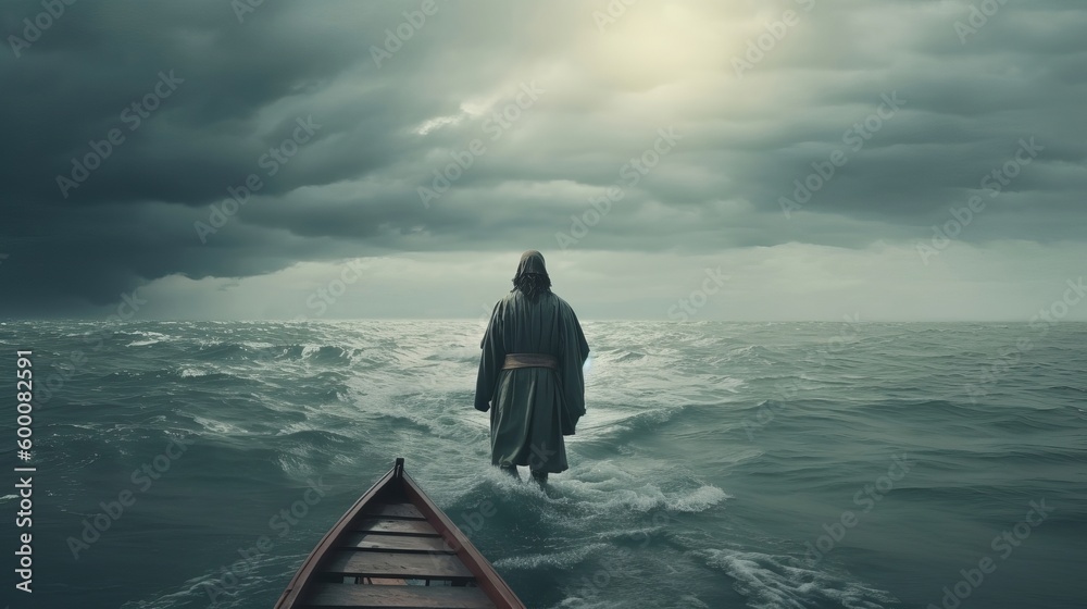 Jesus strolls on water over the ocean towards a watercraft amid a storm. Scriptural subject concept. AI Generated - obrazy, fototapety, plakaty 