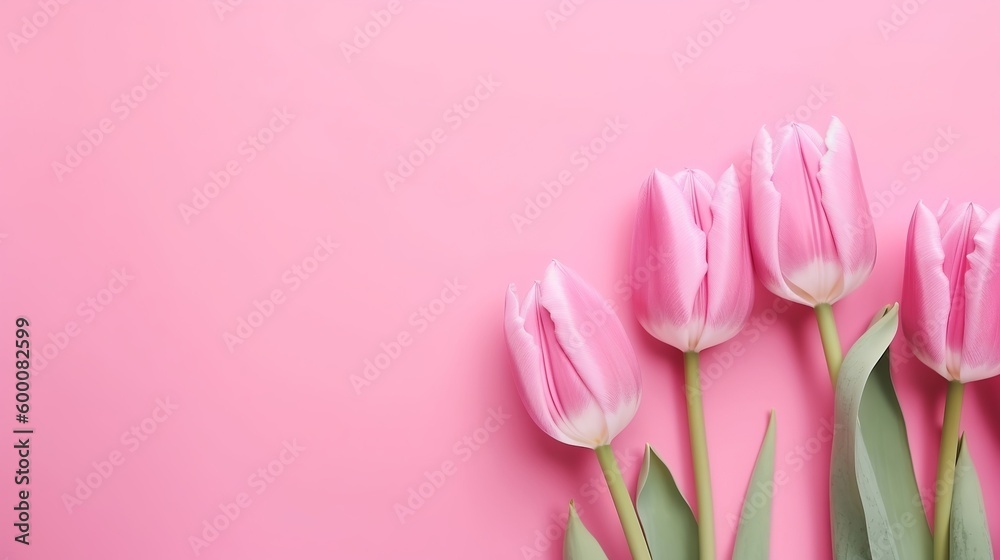 Spring tulip sprouts on pink establishment best see in level lay design. AI Generated