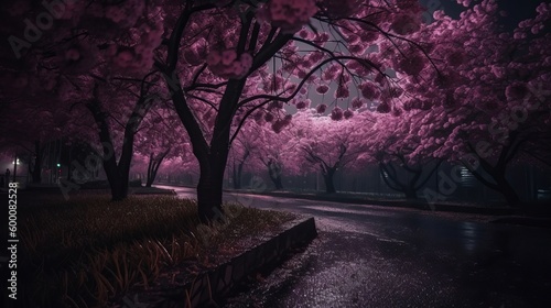 Purple cherry trees blossom after rain at night. AI Generated