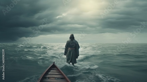 Jesus strolls on water over the ocean towards a watercraft amid a storm. Scriptural subject concept. AI Generated