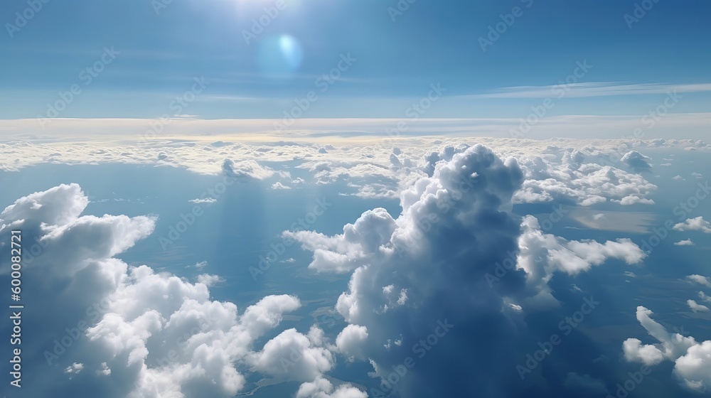 Blue sky with distinctive clouds. See over the clouds.summer blue sky cloud slant light white establishment. AI Generated