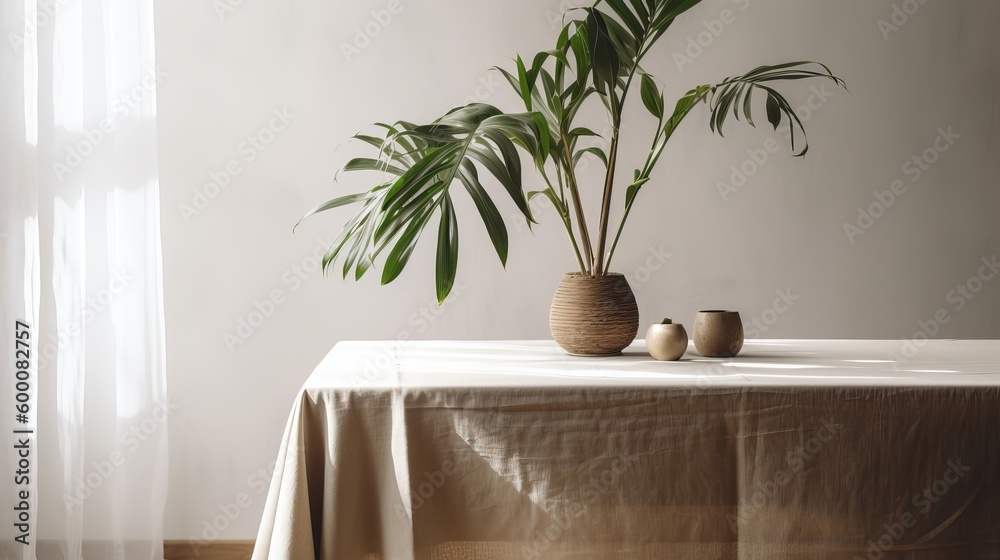 Touchy beige cotton tablecloth on counter table, tropical dracaena tree in daylight on white divider foundation. AI Generated Touchy beige cotton tablecloth on counter table, tropical dracaena tree in daylight on white divider foundation. AI Generated