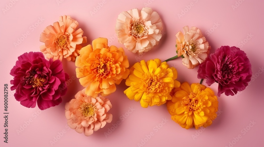 Fototapeta premium Spring marigold grows on pink pastel foundation beat see in level lay plan. AI Generated