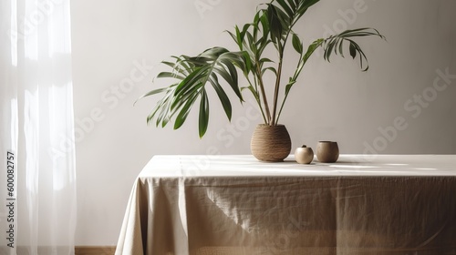 Touchy beige cotton tablecloth on counter table, tropical dracaena tree in daylight on white divider foundation. AI Generated