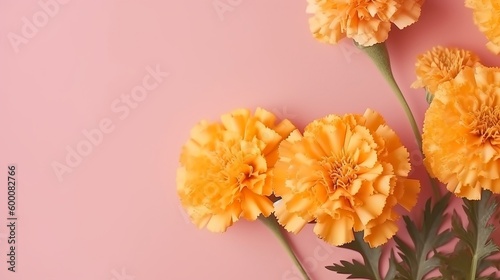 Spring marigold creates on pink pastel foundation beat see in level lay organize. AI Generated © Denys