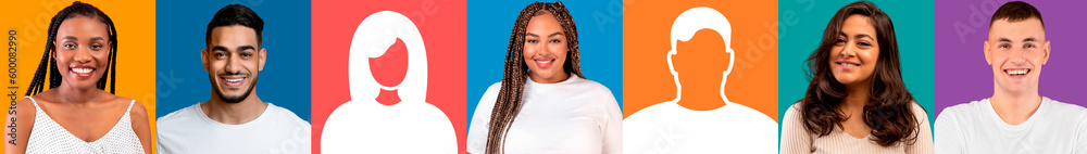 Happy young multiracial people with abstract silhouette, enjoy social networks on colorful studio background Happy young multiracial people with abstract silhouette, enjoy social networks on colorful studio background