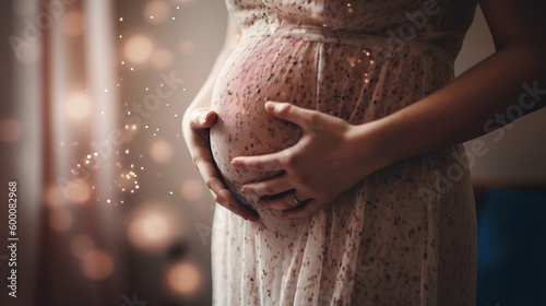 a pregnant woman holds her hands on her stomach, close-up center on her stomach, bokeh is darkened from behind a children's room. AI Generated