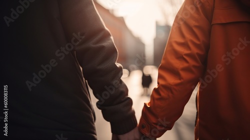 two gays hold hands, close-up on hands, obscured bokeh foundation. AI Generated