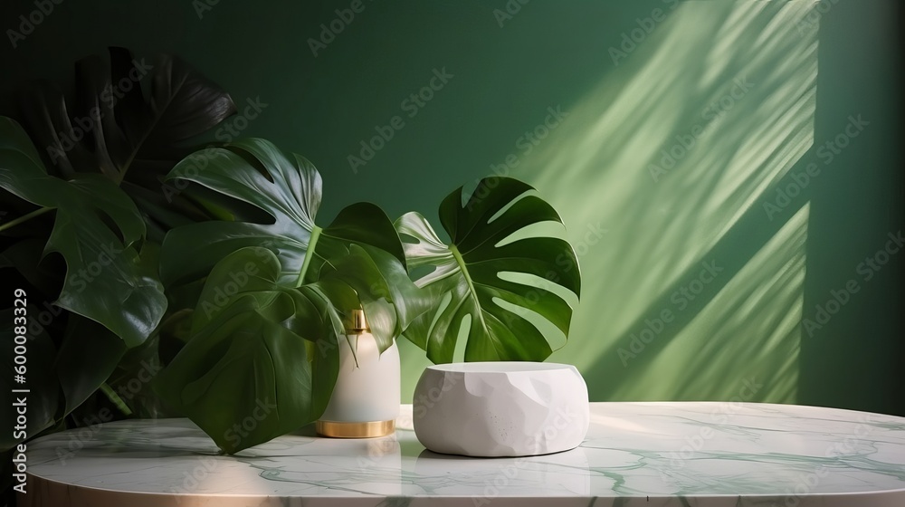 Unessential, advanced white marble stone counter table, tropical monstera plant tree in daylight on green divider foundation for extravagance advanced characteristic therapeutic. AI Generated