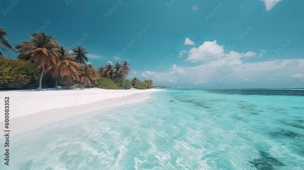 Fototapeta premium tropical Maldives island with white sandy shoreline and ocean. palm. AI Generated