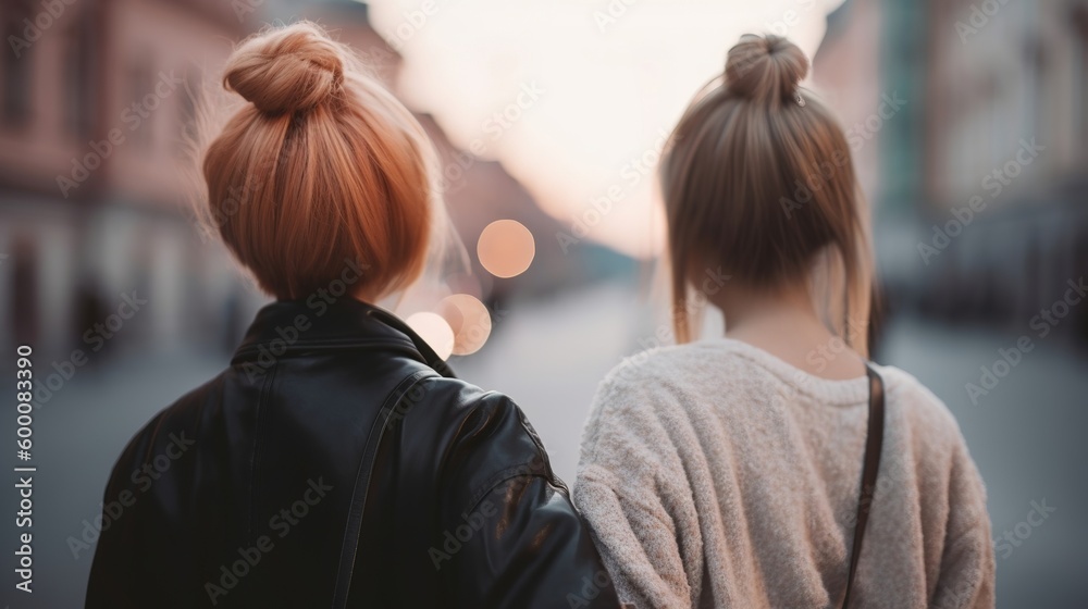 see from the back two lesbians hold hands, close-up on hands, clouded bokeh foundation. AI Generated see from the back two lesbians hold hands, close-up on hands, clouded bokeh foundation. AI Generated
