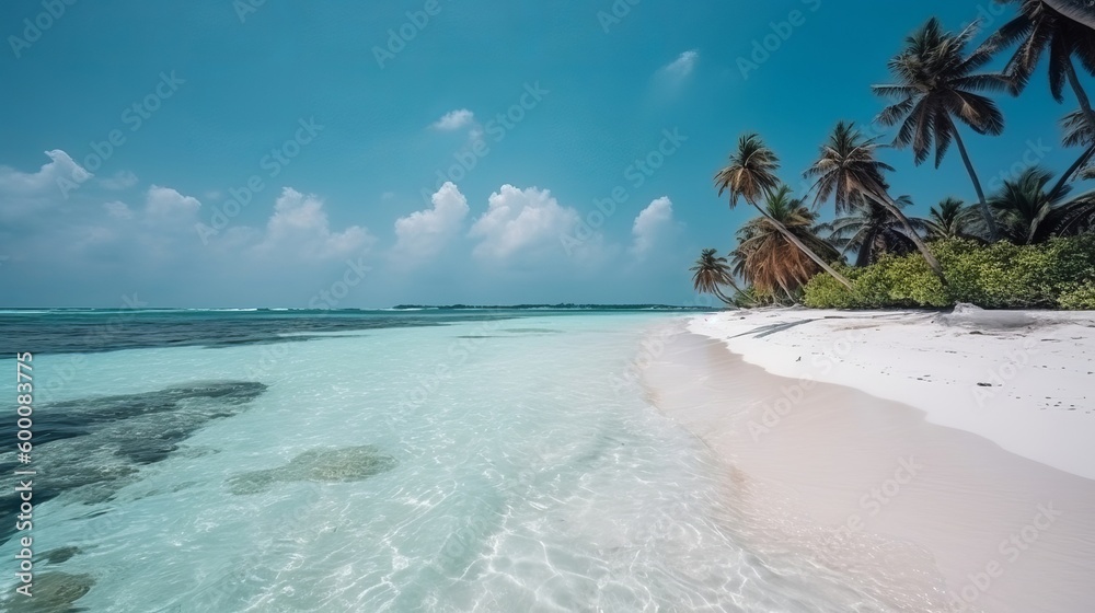 tropical Maldives island with white sandy shoreline and sea. palm. AI Generated