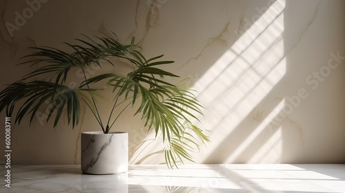 Inadequate beige cotton tablecloth on counter table  tropical dracaena tree in sunshine on white divider establishment. AI Generated