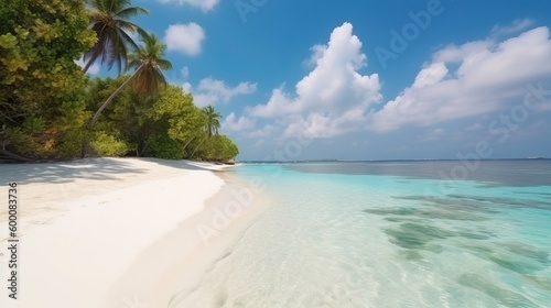tropical Maldives island with white sandy shoreline and ocean. palm. AI Generated © Denys