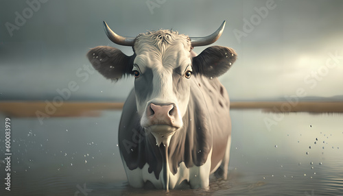 The cow is standing in a small lake