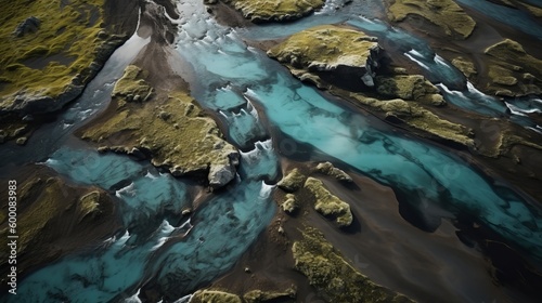 airborne picture of an icelandic stream. AI Generated