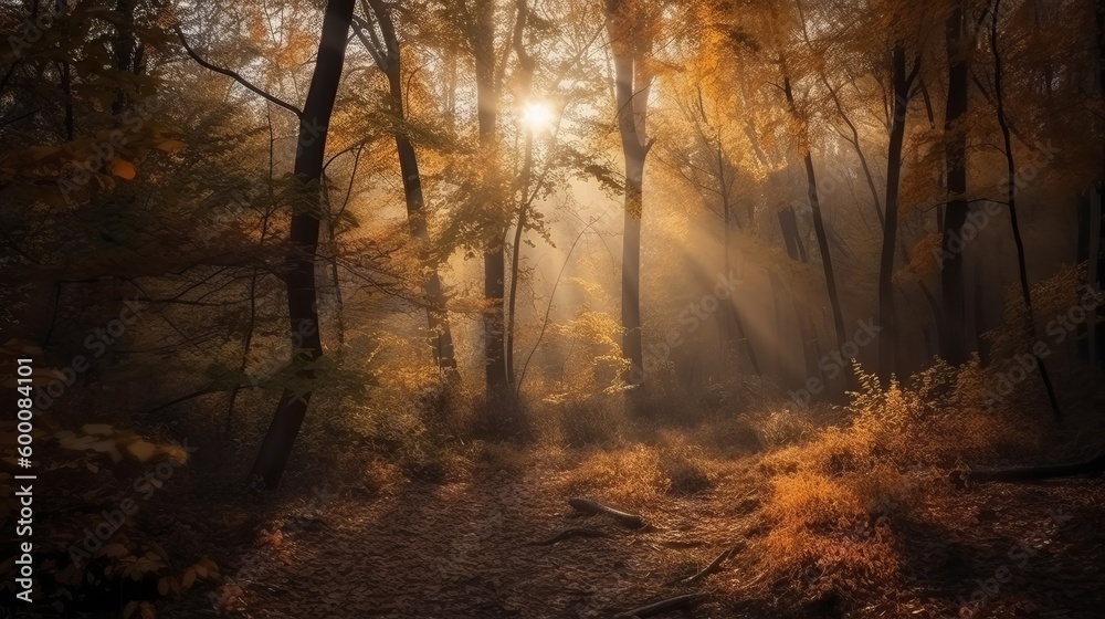 Disorienting scene of an collect time timberland with sunrays entering through the branches. AI Generated Disorienting scene of an collect time timberland with sunrays entering through the branches. AI Generated