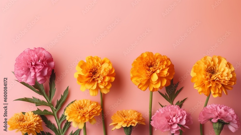 Obraz premium Spring marigold makes on pink pastel foundation beat see in level lay organize. AI Generated