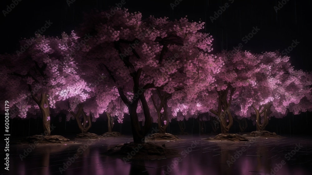 Purple cherry trees make after rain at night. AI Generated Purple cherry trees make after rain at night. AI Generated