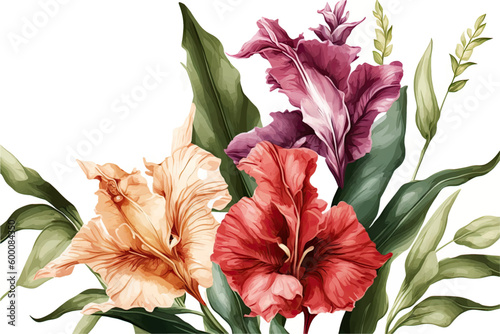Fototapete Summer watercolor flowers, banner with gladiolus