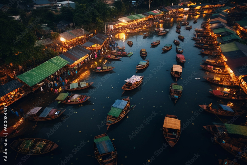Aerial view of the floating market, Farmer go to sell organic products, fruits, vegetables, Ai generative